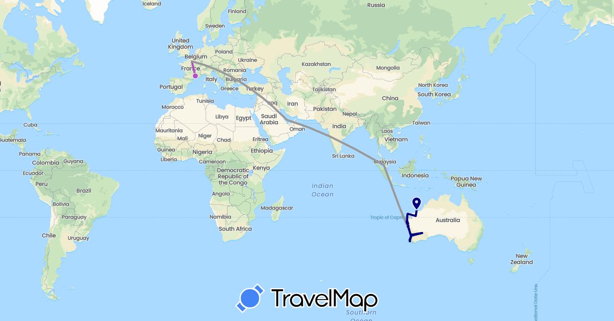 TravelMap itinerary: driving, plane, train, boat in Australia, France, Malaysia, Qatar (Asia, Europe, Oceania)